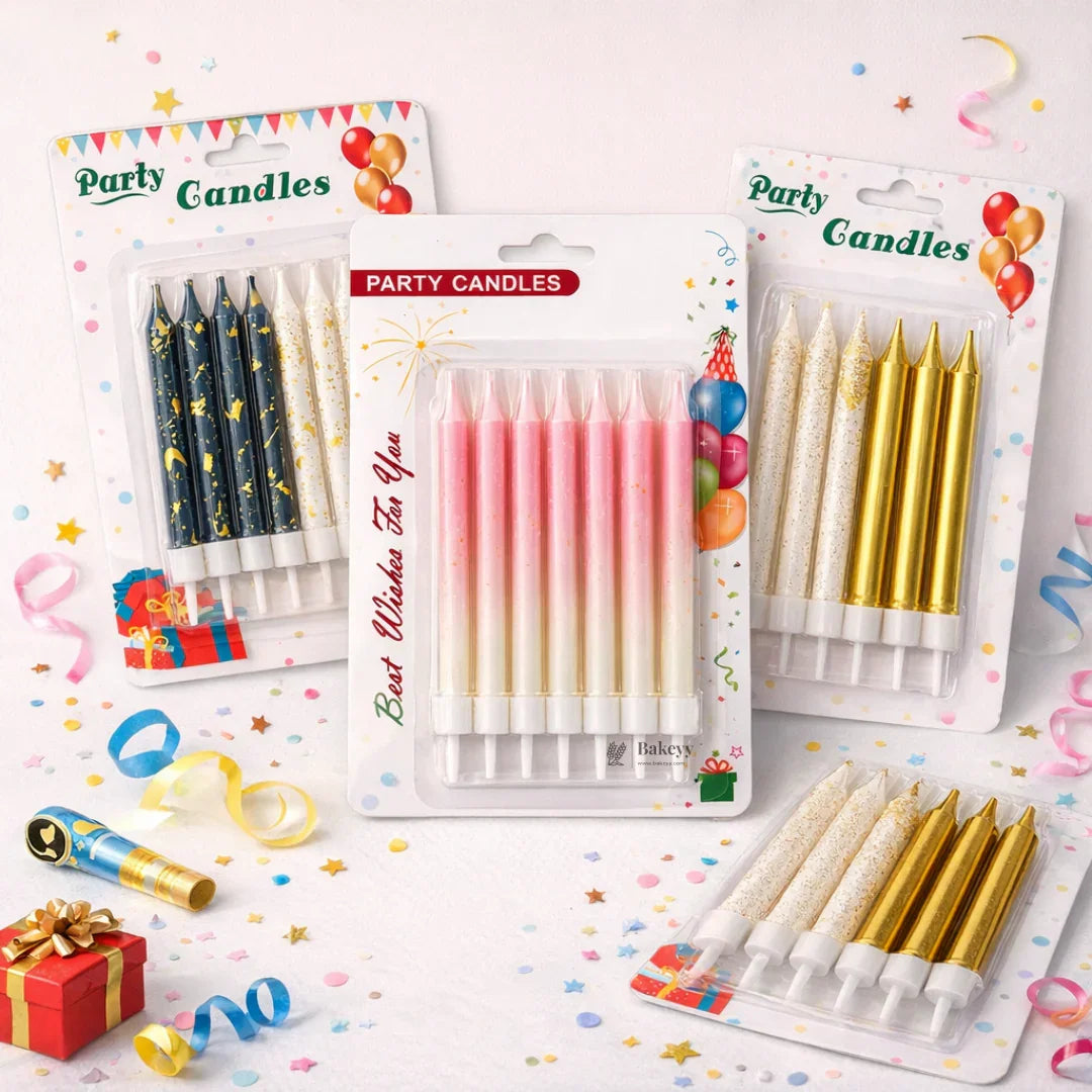Bakeyy party candles in gold, pink, and blue designs for baking and gift packaging, festive backdrop