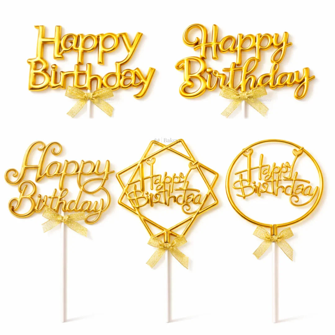 8.5 Inch | Metallic Gold Happy Birthday Cake Topper with Ribbon | Metallic Gold | 1 Piece