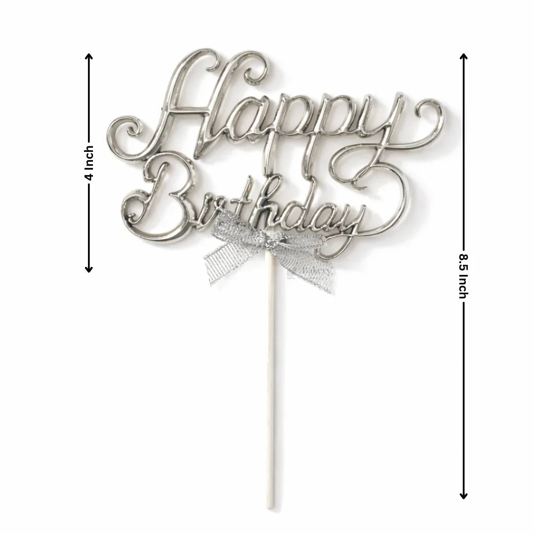 8.5 Inch | Metallic Silver Happy Birthday Cake Topper with Ribbon | Metallic Silver | 1 Piece