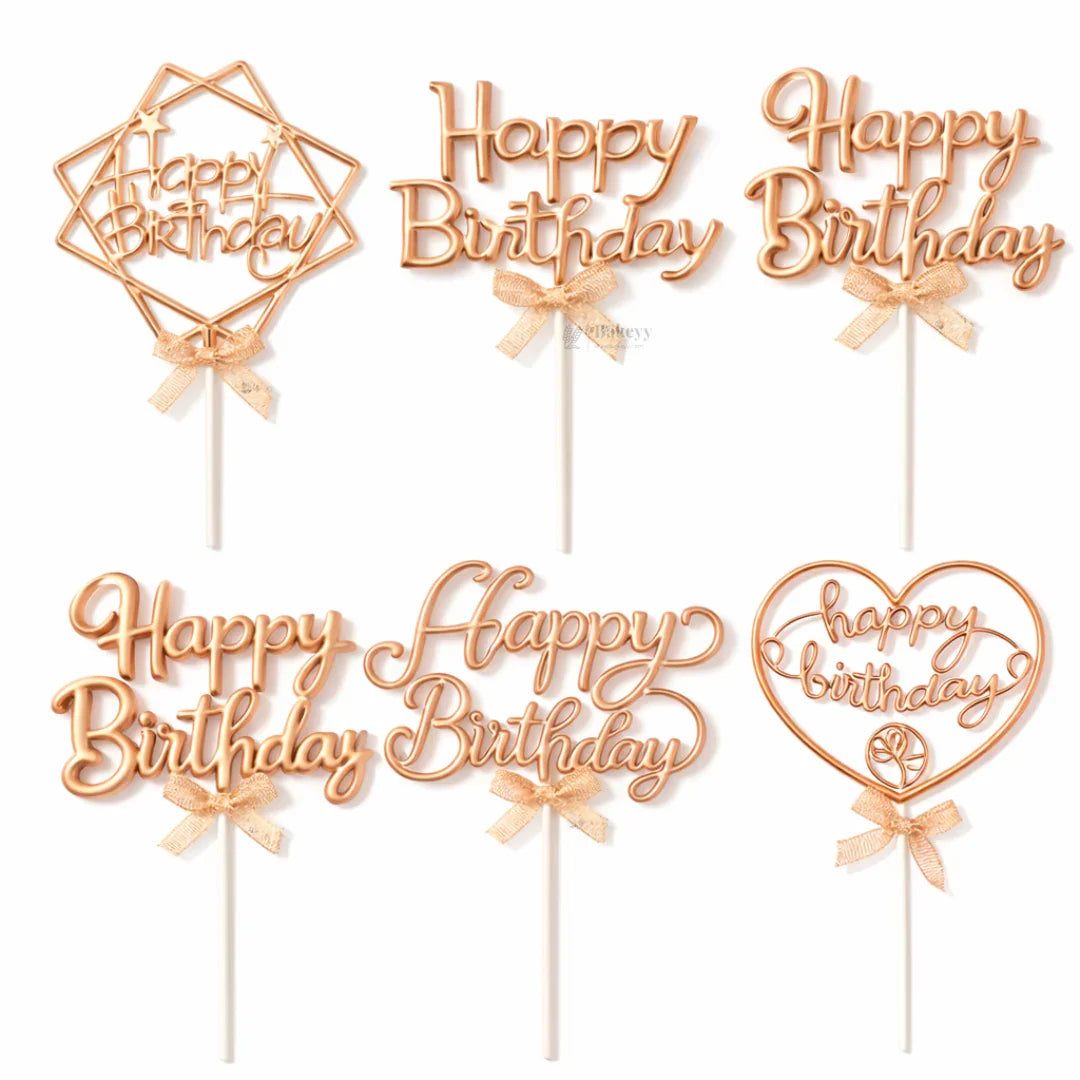 8.5 Inch | Metallic Rose Gold Happy Birthday Cake Topper with Ribbon | Metallic Rose Gold | 1 Piece
