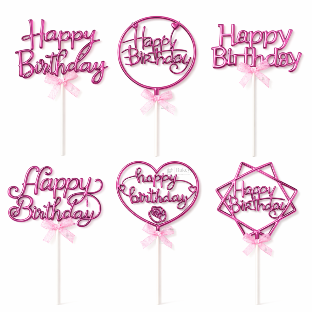 8.5 Inch | Metallic Pink Happy Birthday Cake Topper with Ribbon | Metallic Pink | 1 Piece