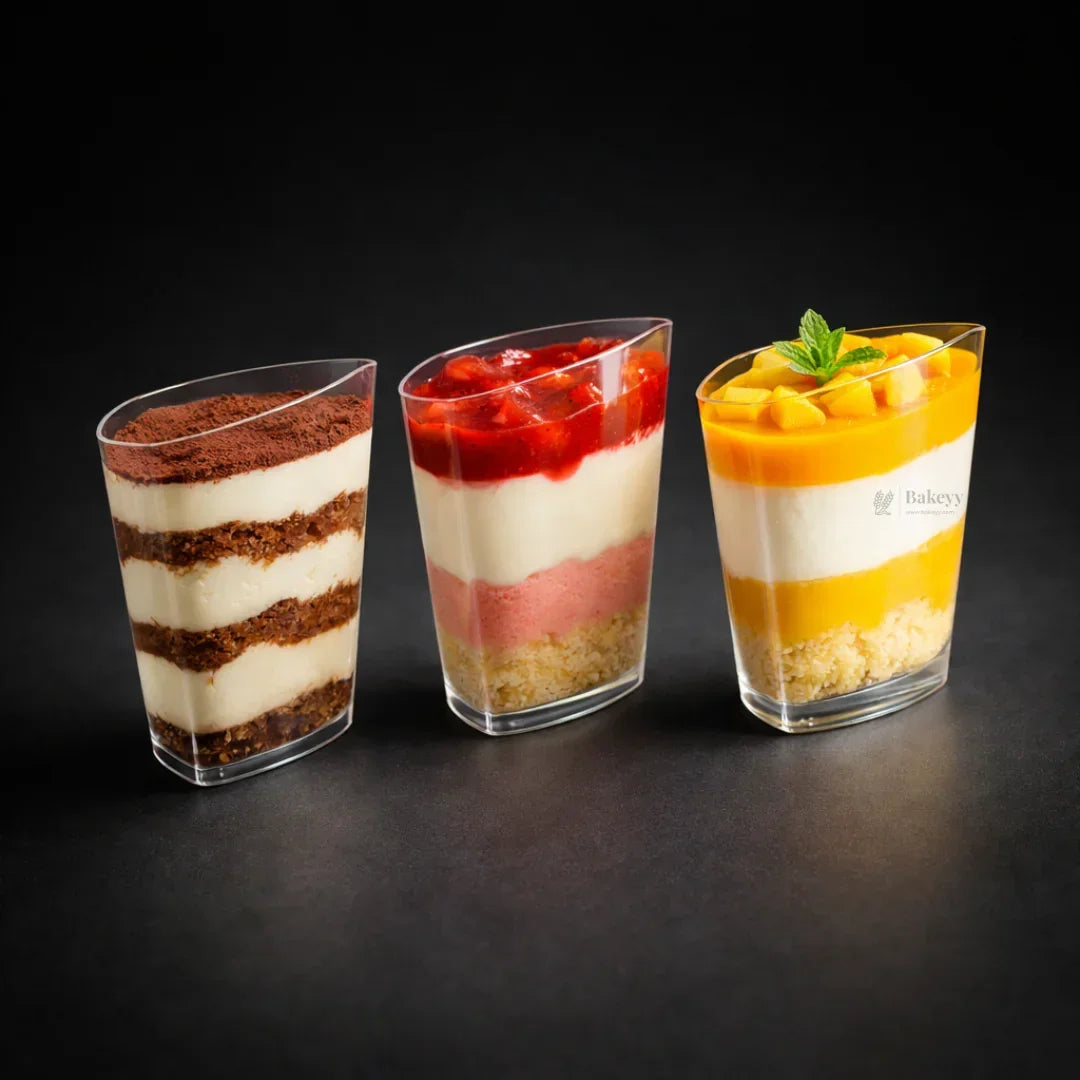 Clear Plastic Dessert Cup | Tall Triangle Shape | D31 | Pack of 30 - Bakeyy.com - India - Clear Plastic Dessert Cup | Tall Triangle Shape | D31 | Pack of 30 - Default Title 240.00