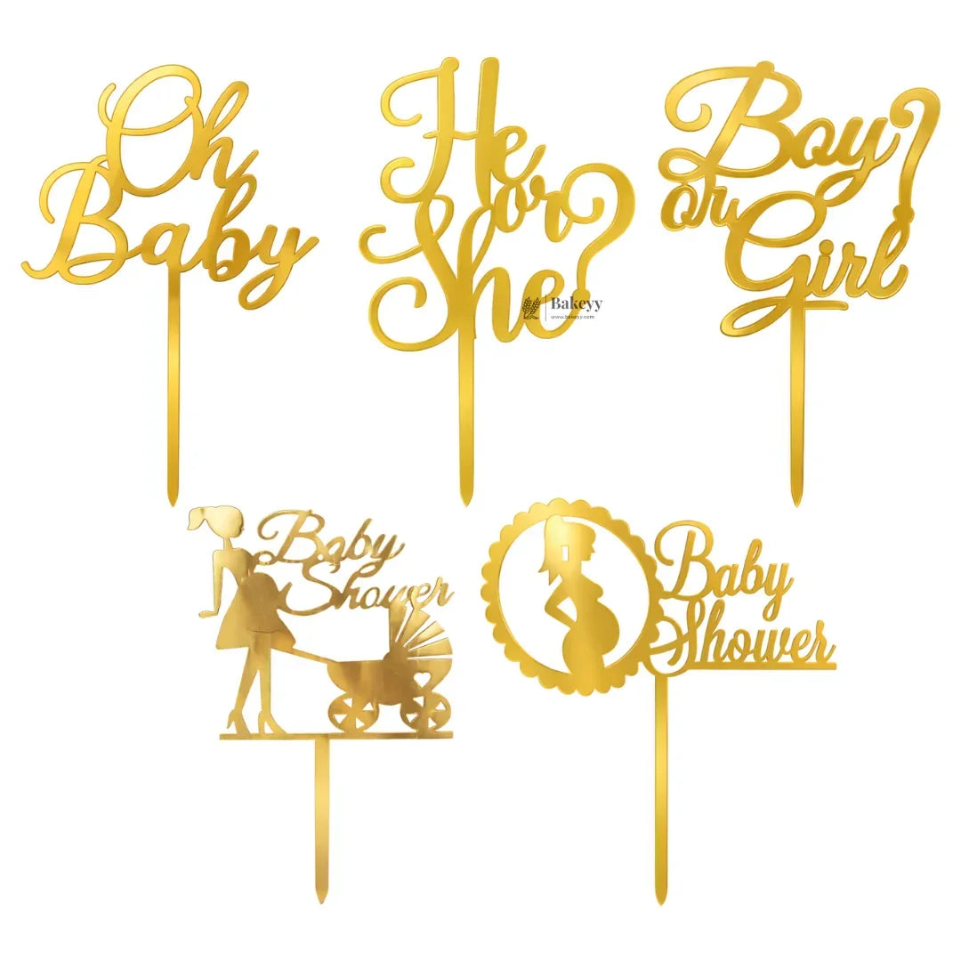 4 Inch Gold Acrylic Baby Shower Cake Topper | Oh Baby, Mom To Be & Baby Shower Designs | Pack of 5 - Bakeyy.com - India - 4 Inch Gold Acrylic Baby Shower Cake Topper | Oh Baby, Mom To Be & Baby Shower Designs | Pack of 5 - Design 1 60.00