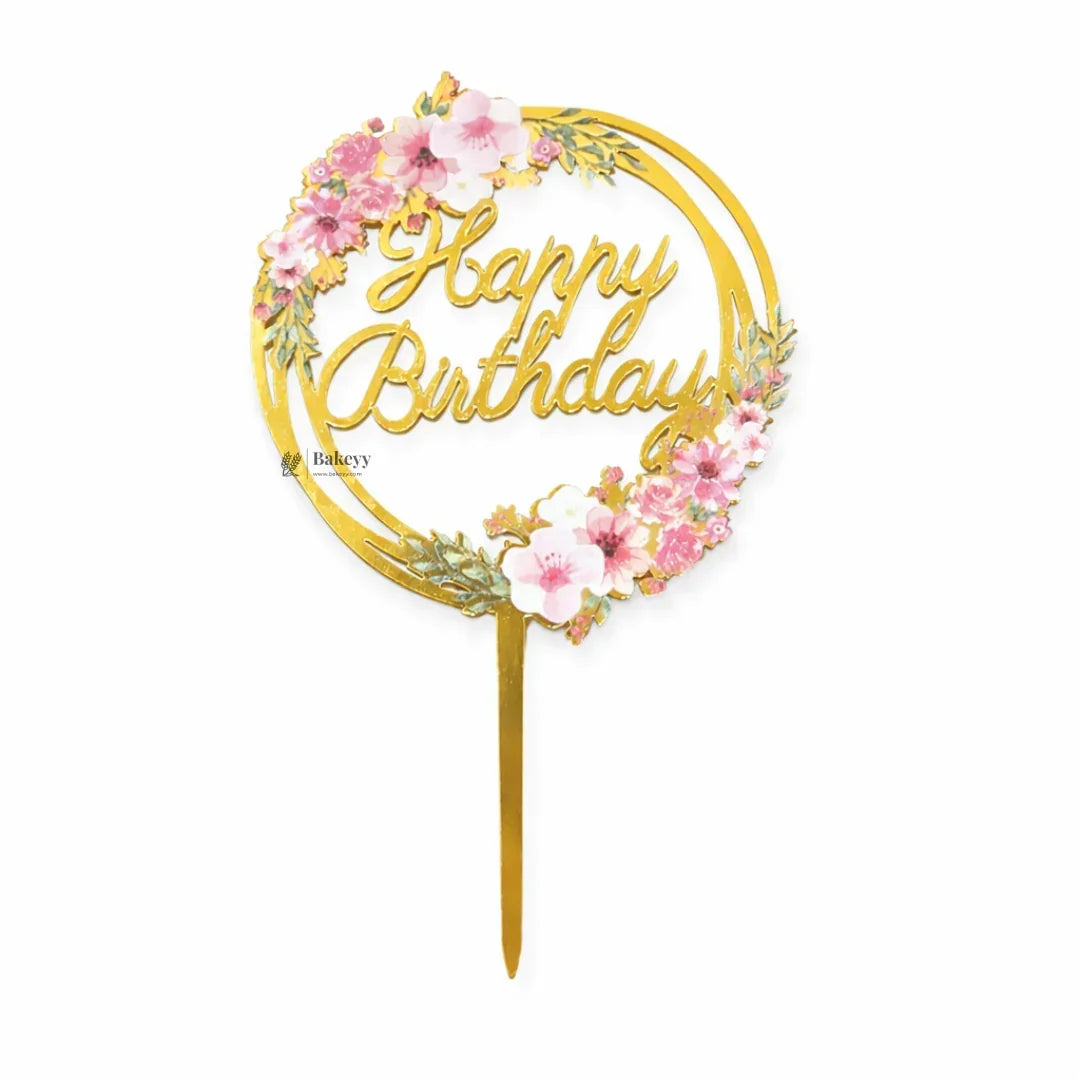 6 Inch Gold Floral Happy Birthday Cake Topper | Elegant Celebration Cake Décor | Pack of 5 - Bakeyy.com - India - 6 Inch Gold Floral Happy Birthday Cake Topper | Elegant Celebration Cake Décor | Pack of 5 - Design 1 105.00