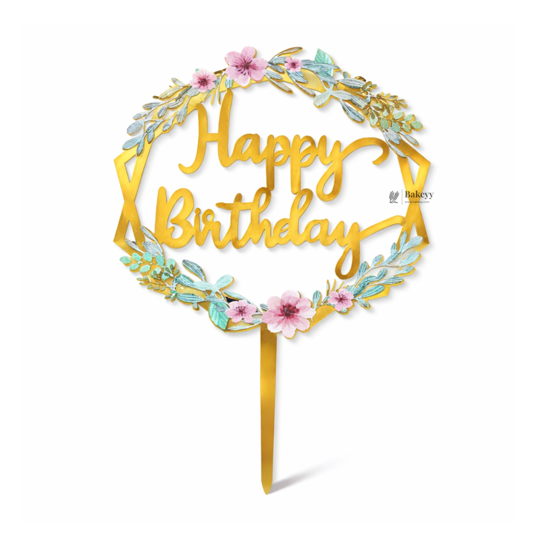 6 Inch Gold Floral Happy Birthday Cake Topper | Elegant Celebration Cake Décor | Pack of 5