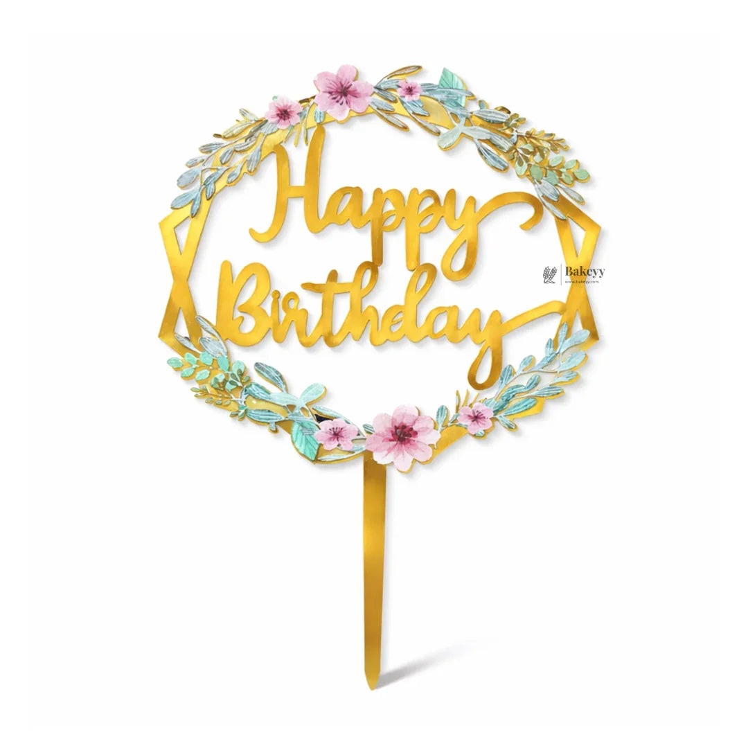 6 Inch Gold Floral Happy Birthday Cake Topper | Elegant Celebration Cake Décor | Pack of 5