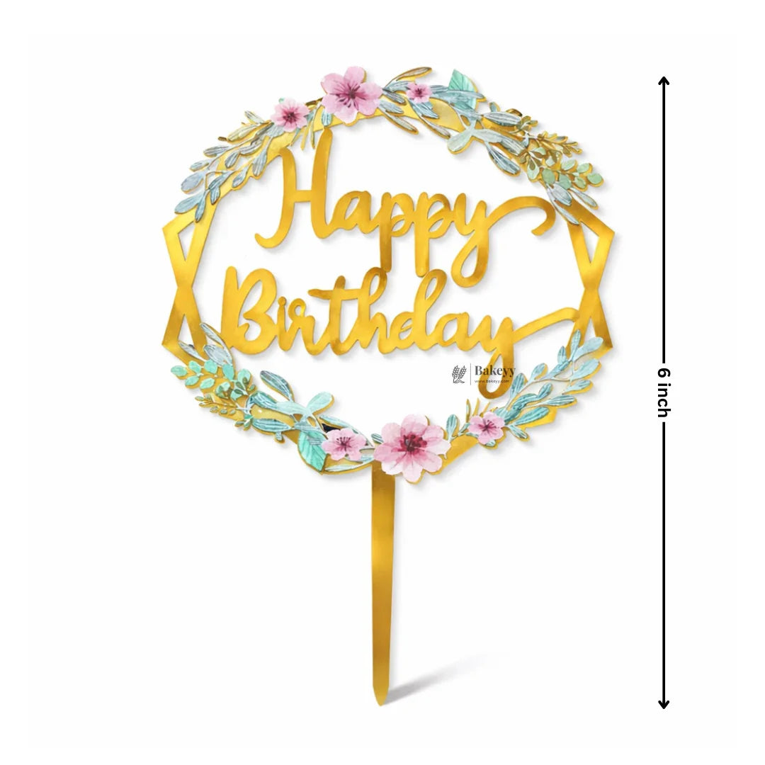 6 Inch Gold Floral Happy Birthday Cake Topper | Elegant Celebration Cake Décor | Pack of 5