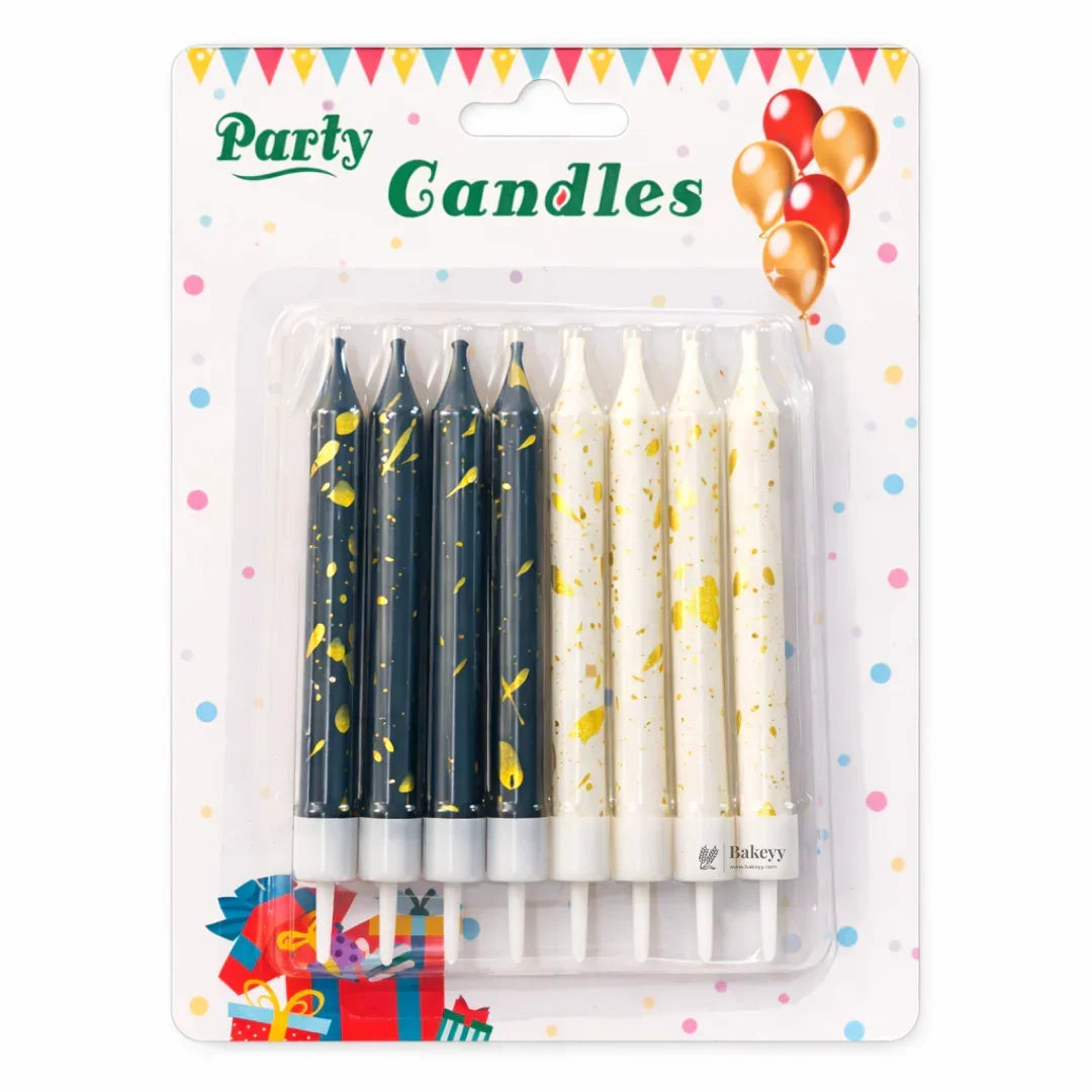 Bakeyy party candles set in blue and white with gold splatter for cake decoration