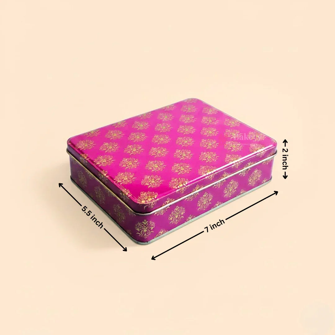 Pink Floral Metal Hamper Box with Lid | Pink with Gold Print | 1 Piece - Bakeyy.com - India - Pink Floral Metal Hamper Box with Lid | Pink with Gold Print | 1 Piece - 7x5.5x2 Inch 125.00