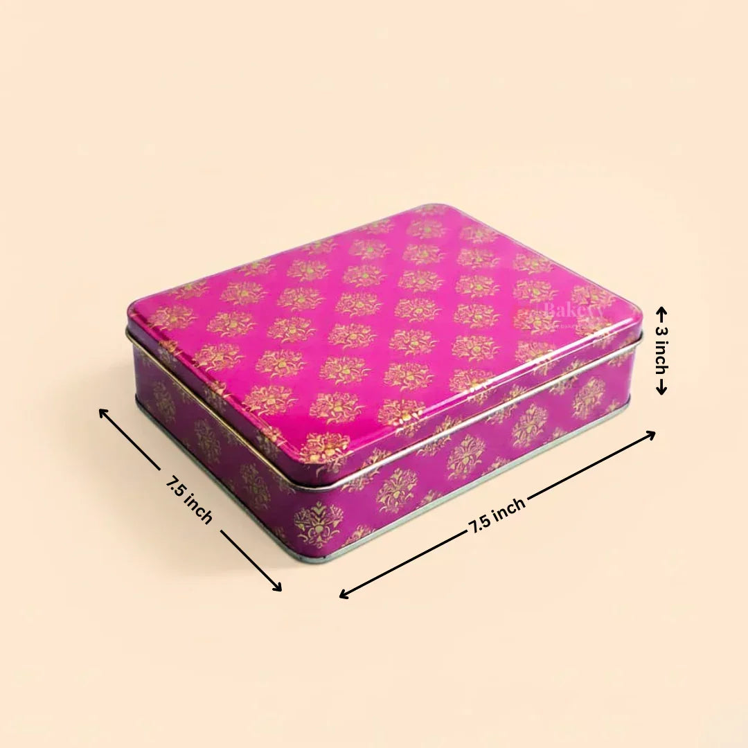 Pink Floral Metal Hamper Box with Lid | Pink with Gold Print | 1 Piece - Bakeyy.com - India - Pink Floral Metal Hamper Box with Lid | Pink with Gold Print | 1 Piece - 7.5x7.5x3 Inch 180.00