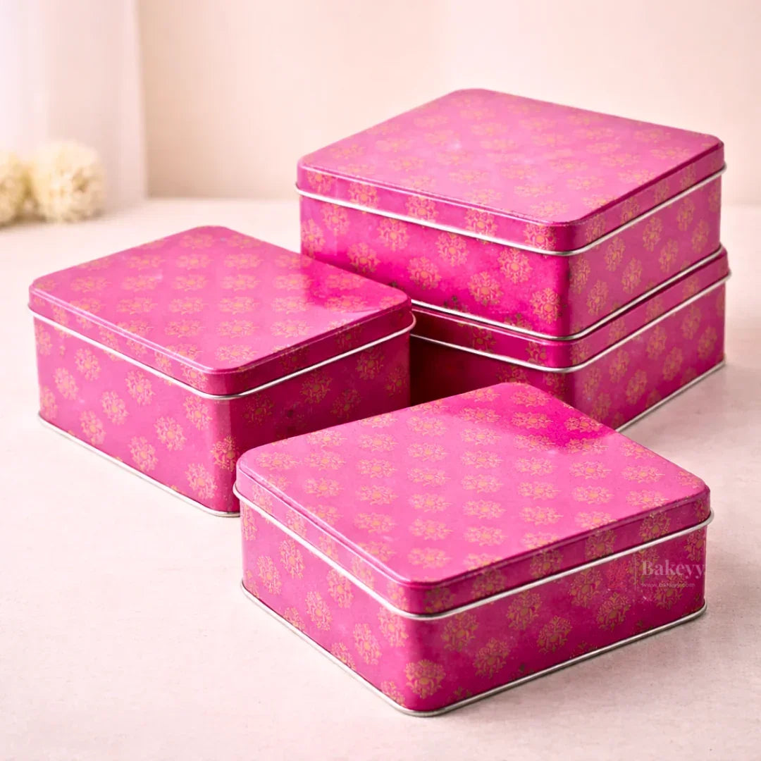 Pink Floral Metal Hamper Box with Lid | Pink with Gold Print | 1 Piece - Bakeyy.com - India - Pink Floral Metal Hamper Box with Lid | Pink with Gold Print | 1 Piece - 7x5.5x2 Inch 125.00