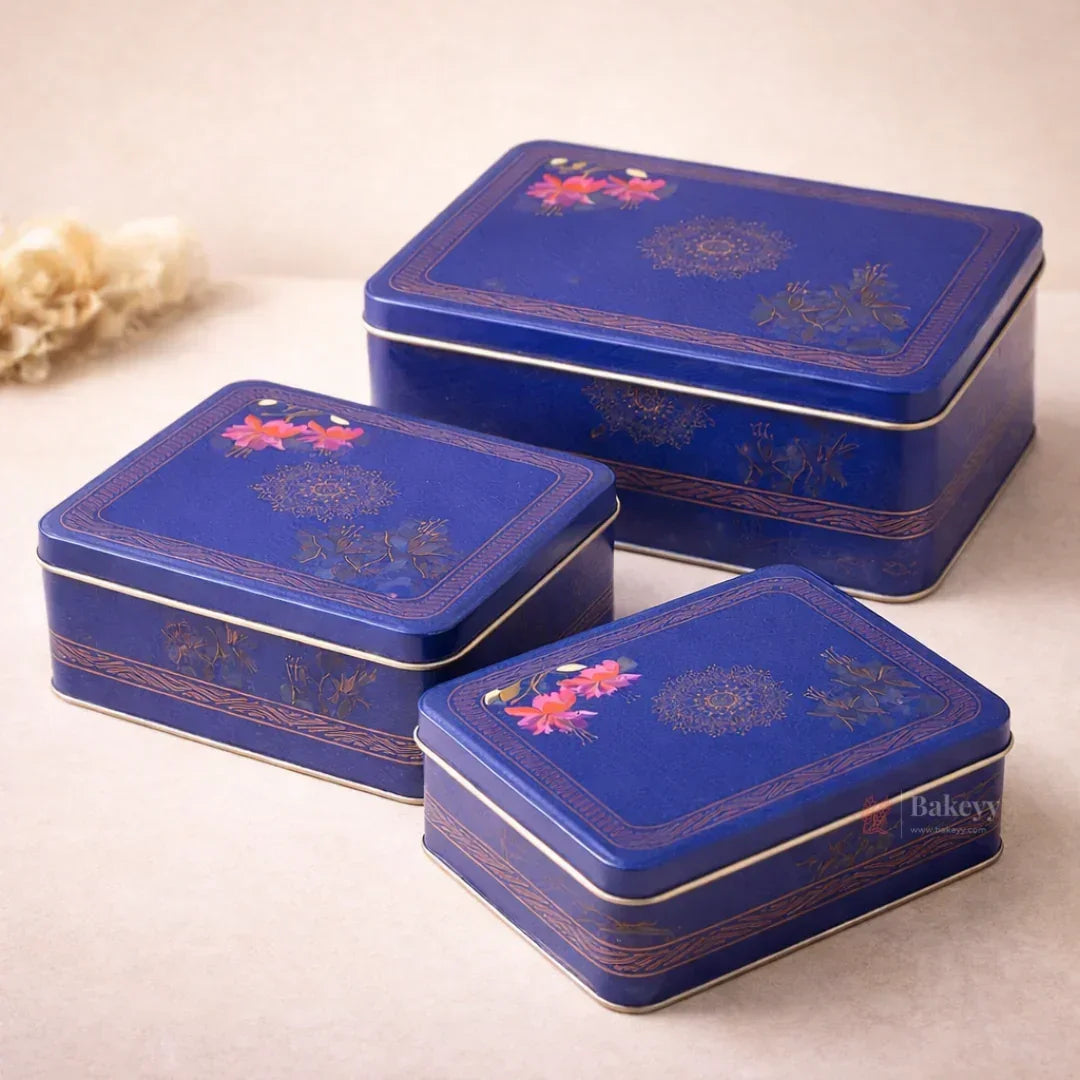 Royal Blue Floral Metal Hamper Box with Lid | 1 Piece - Bakeyy.com - India - Royal Blue Floral Metal Hamper Box with Lid | 1 Piece - 7x5.5x2 Inch 125.00