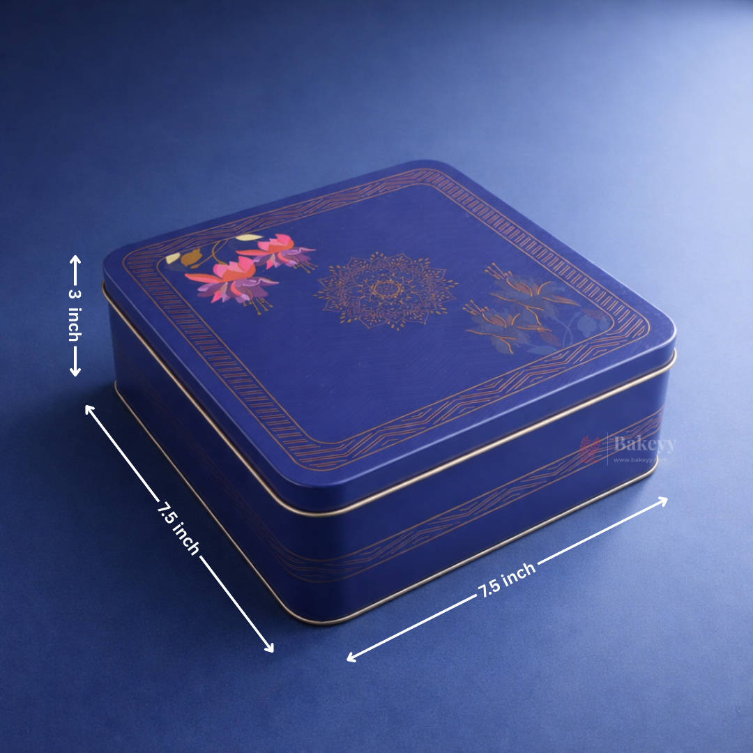Royal Blue Floral Metal Hamper Box with Lid | 1 Piece