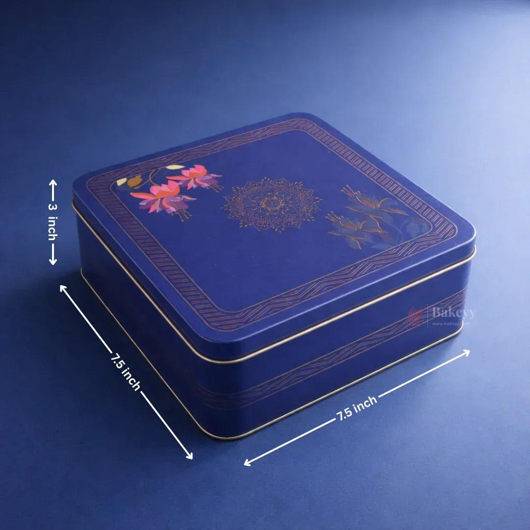 Royal Blue Floral Metal Hamper Box with Lid | 1 Piece - Bakeyy.com - India - Royal Blue Floral Metal Hamper Box with Lid | 1 Piece - 7.5x7.5x3 Inch 180.00