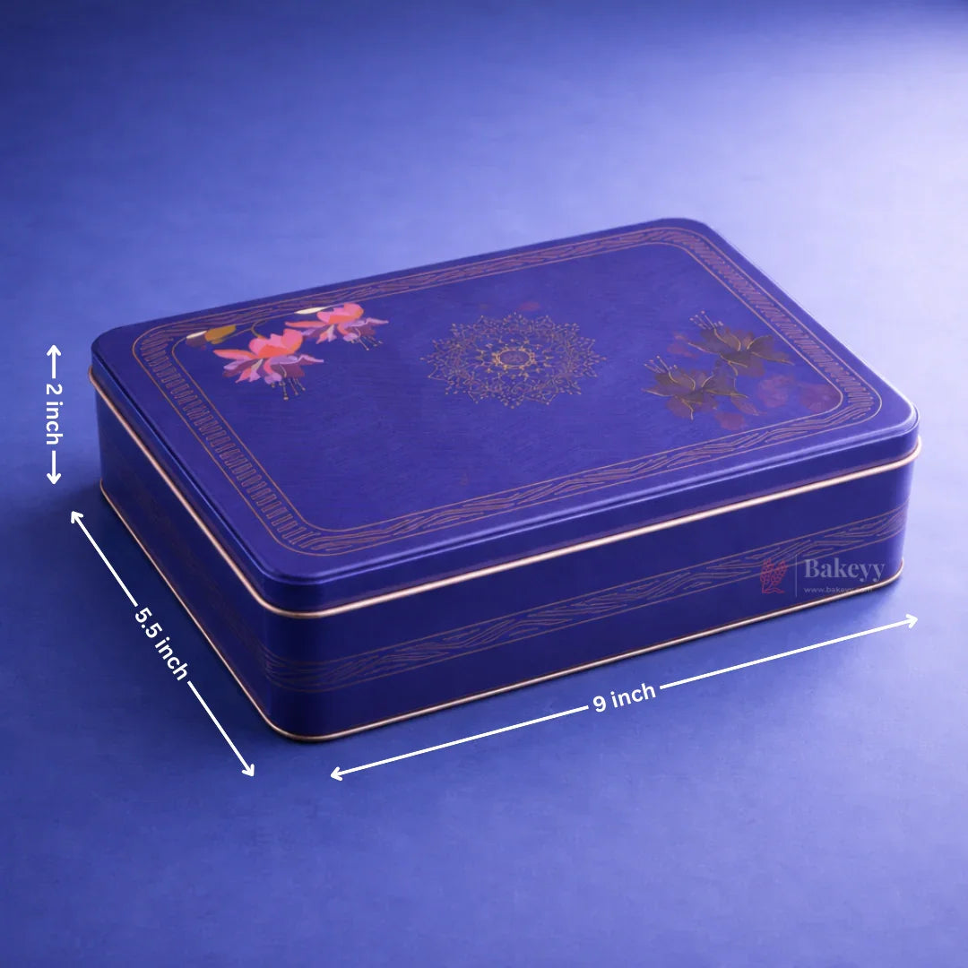 Royal Blue Floral Metal Hamper Box with Lid | 1 Piece