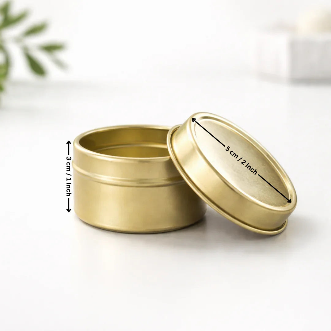 Gold round metal tin container, 5 cm diameter, 3 cm height, for bakery packaging by Bakeyy.com
