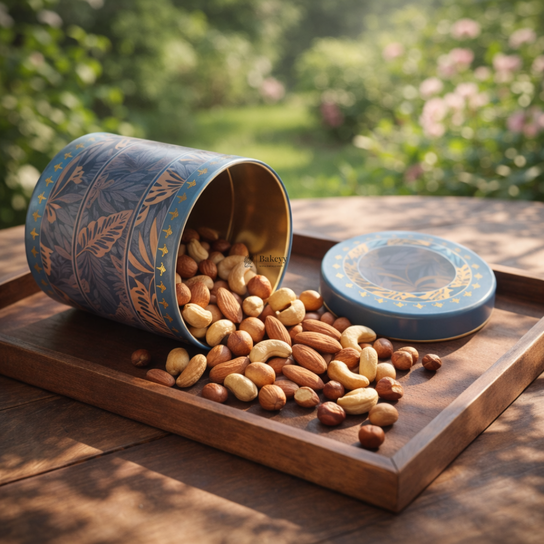 Premium Blue & Gold Finish Decorative Round Tin Box with Lid | 1 Piece