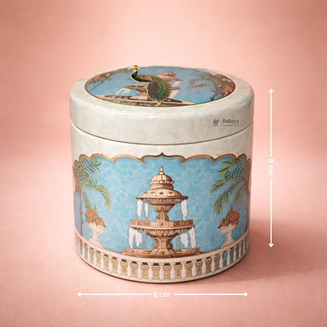 Peacock Garden Print Round Metal Tin Box with Lid | 1 Piece