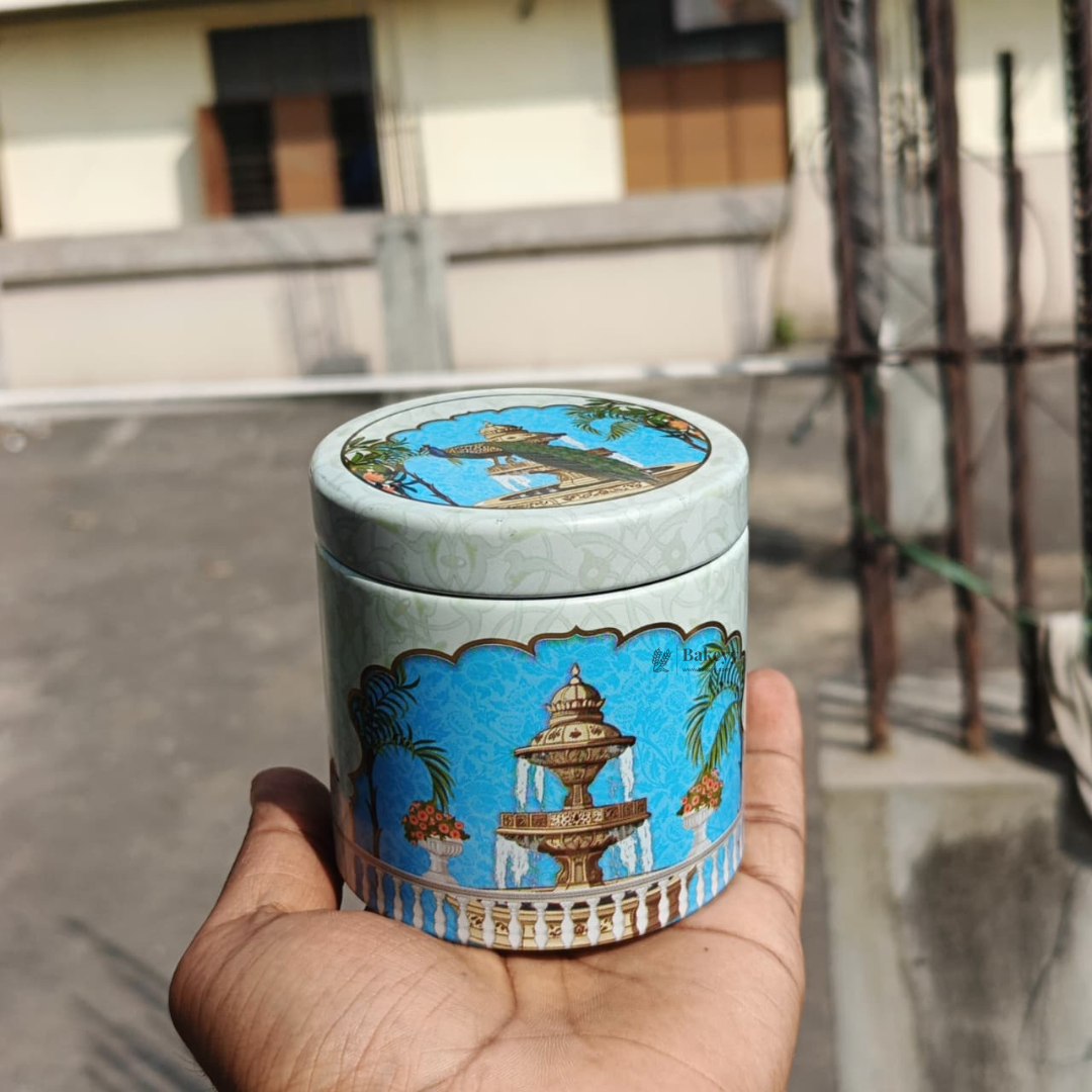 Peacock Garden Print Round Metal Tin Box with Lid | 1 Piece