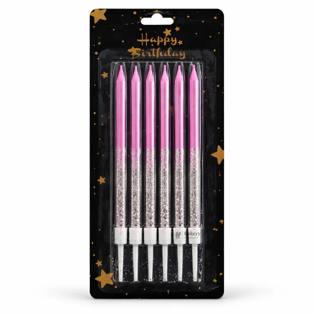 Bakeyy pink and silver glitter birthday candles pack, ideal for cake decoration