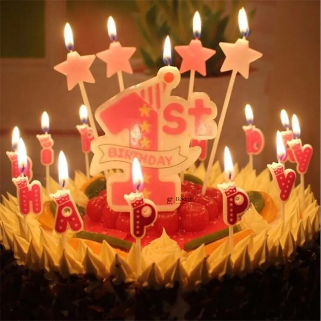 1st birthday cake with lit star and letter candles, decorated with fruit, Bakeyy baking supplies