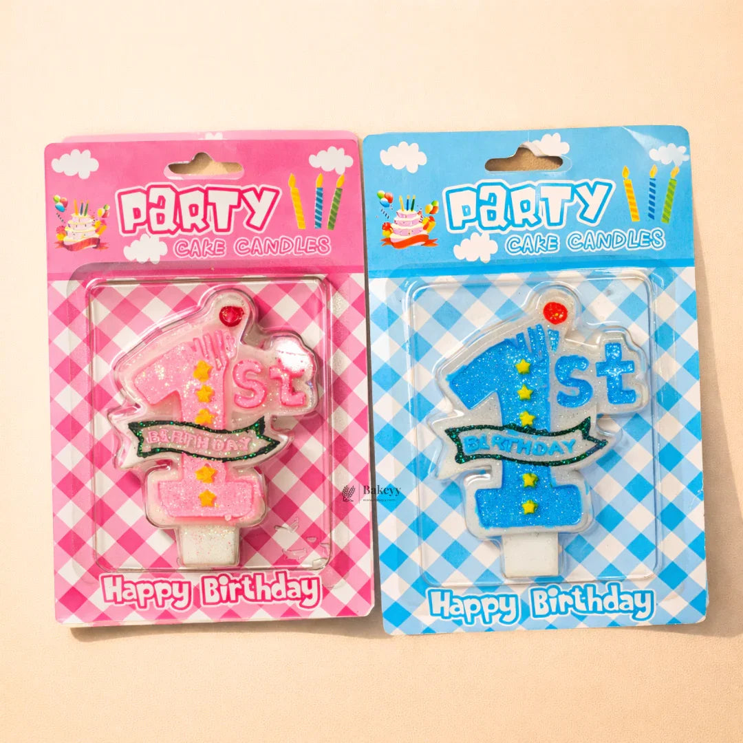 Bakeyy 1st birthday party cake candles in pink and blue packaging for baby celebration