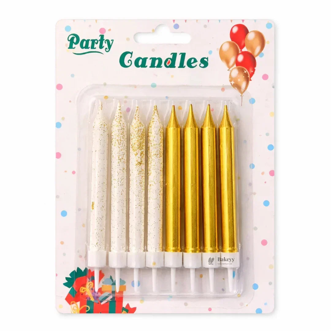 Bakeyy gold and glitter white party candles pack, perfect for cakes and celebrations