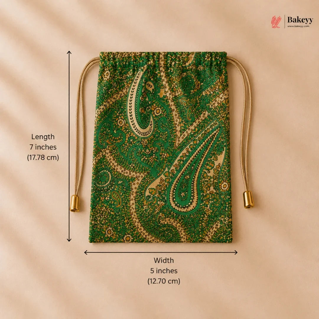 Green and gold patterned drawstring bag with measurements on a beige background