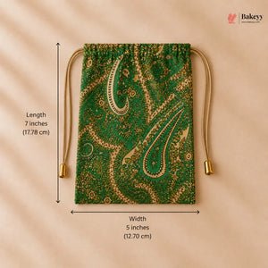 Green and gold patterned drawstring bag with measurements on a beige background