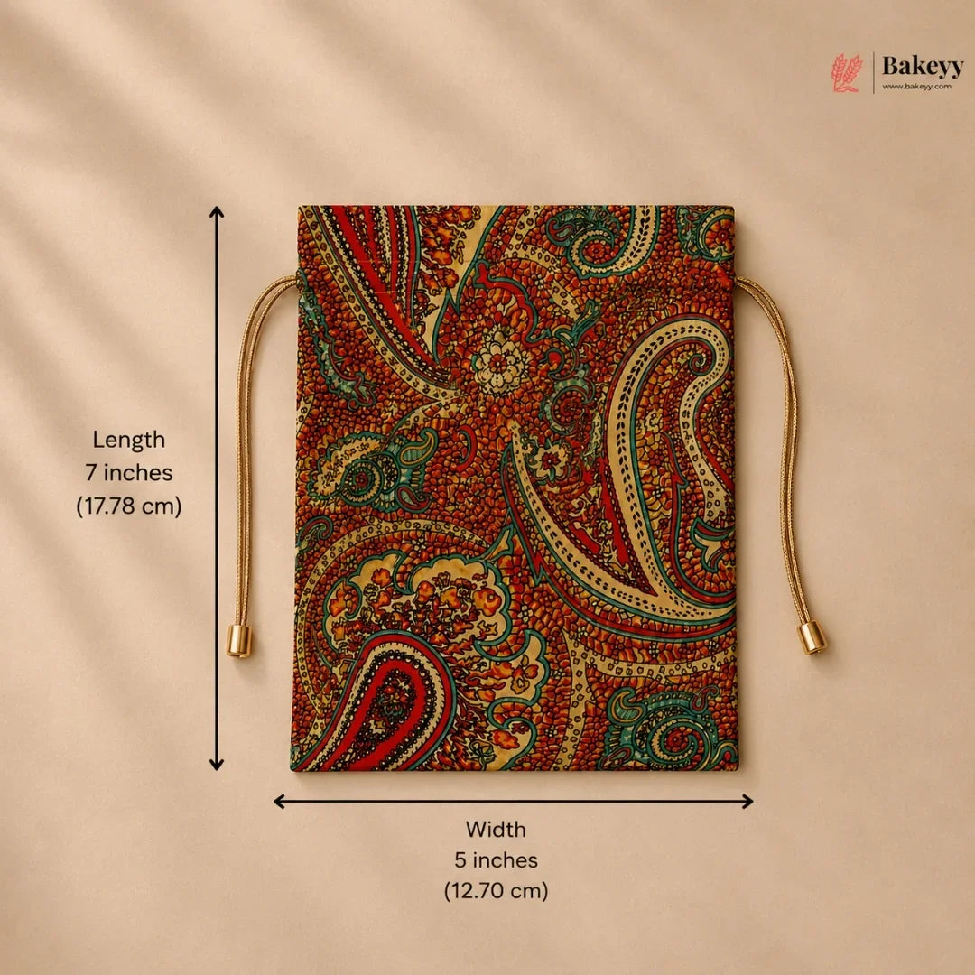 Drawstring bag with paisley pattern and measurements on a beige background