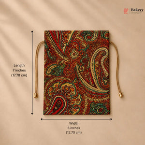 Drawstring bag with paisley pattern and measurements on a beige background