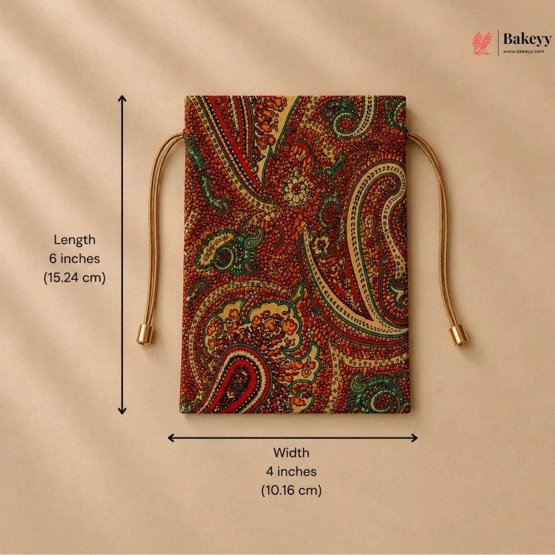 Decorative pouch with paisley pattern and drawstrings, shown with measurements on a beige background.