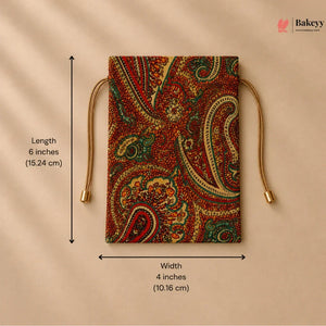 Decorative pouch with paisley pattern and drawstrings, shown with measurements on a beige background.