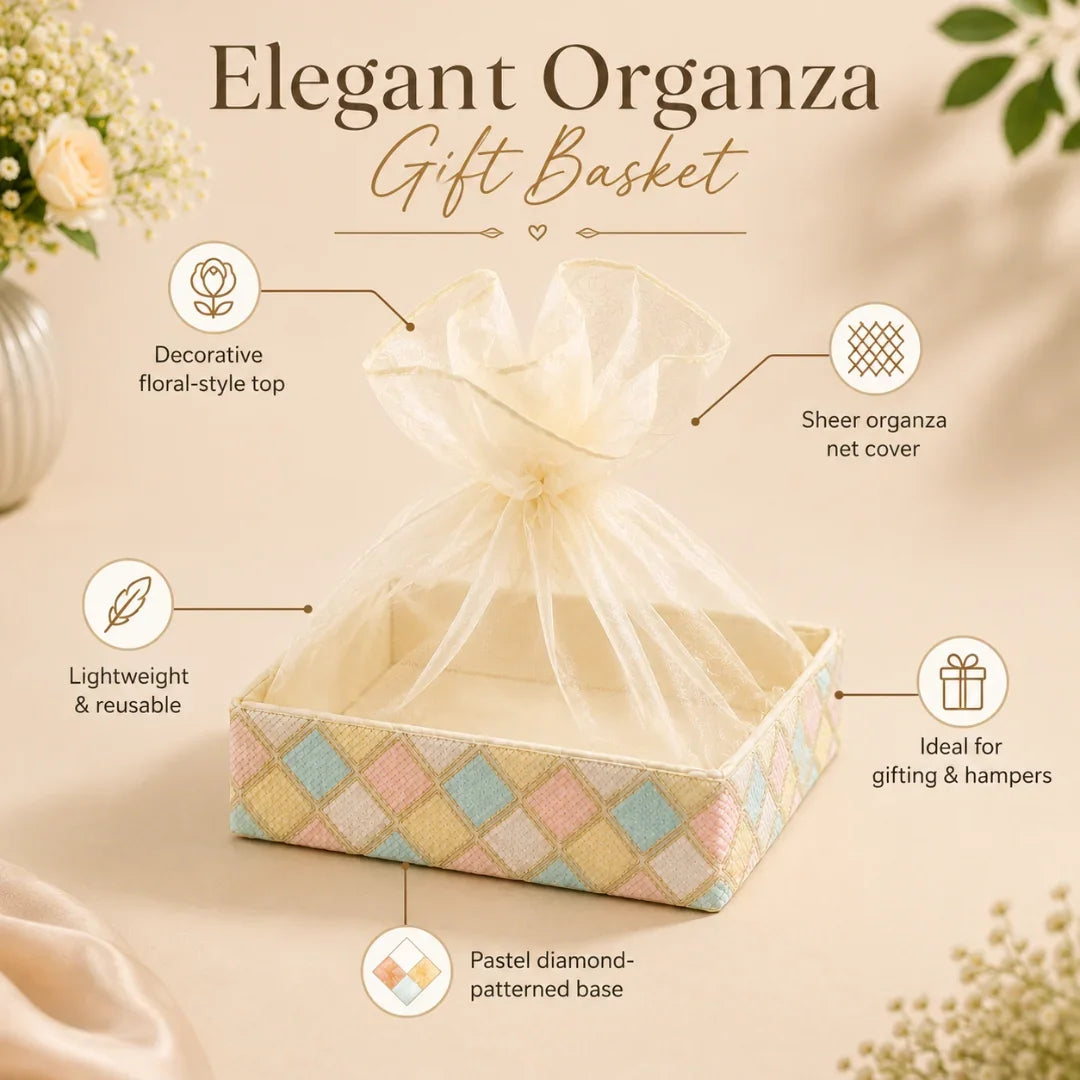 Elegant organza gift basket with decorative elements on a beige background