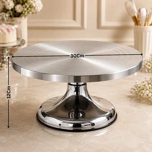 Chromed cake stand with measurements on a neutral background
