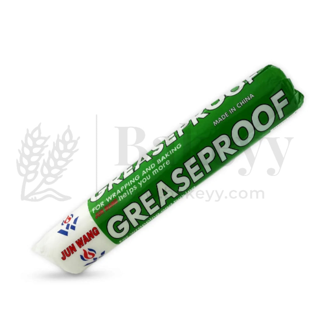 Roll of greaseproof paper with branding on a white background