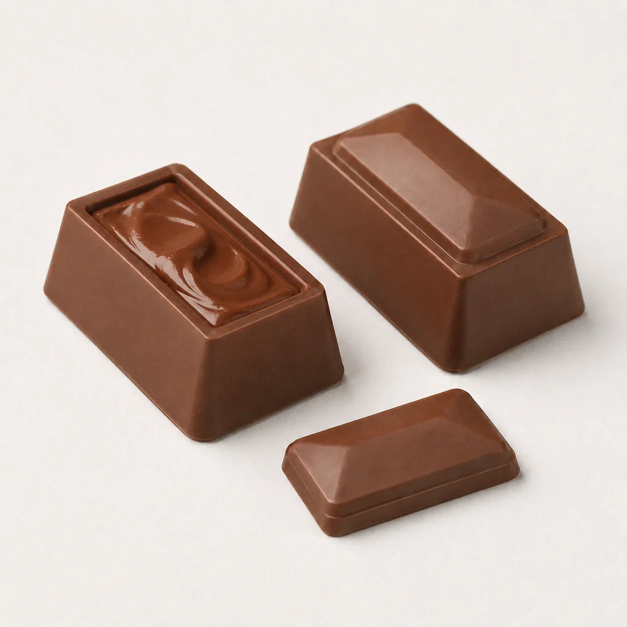 Three milk chocolate bars with rectangular tops and angled sides, arranged on a clean white background. One bar is open, showing the smooth chocolate filling.