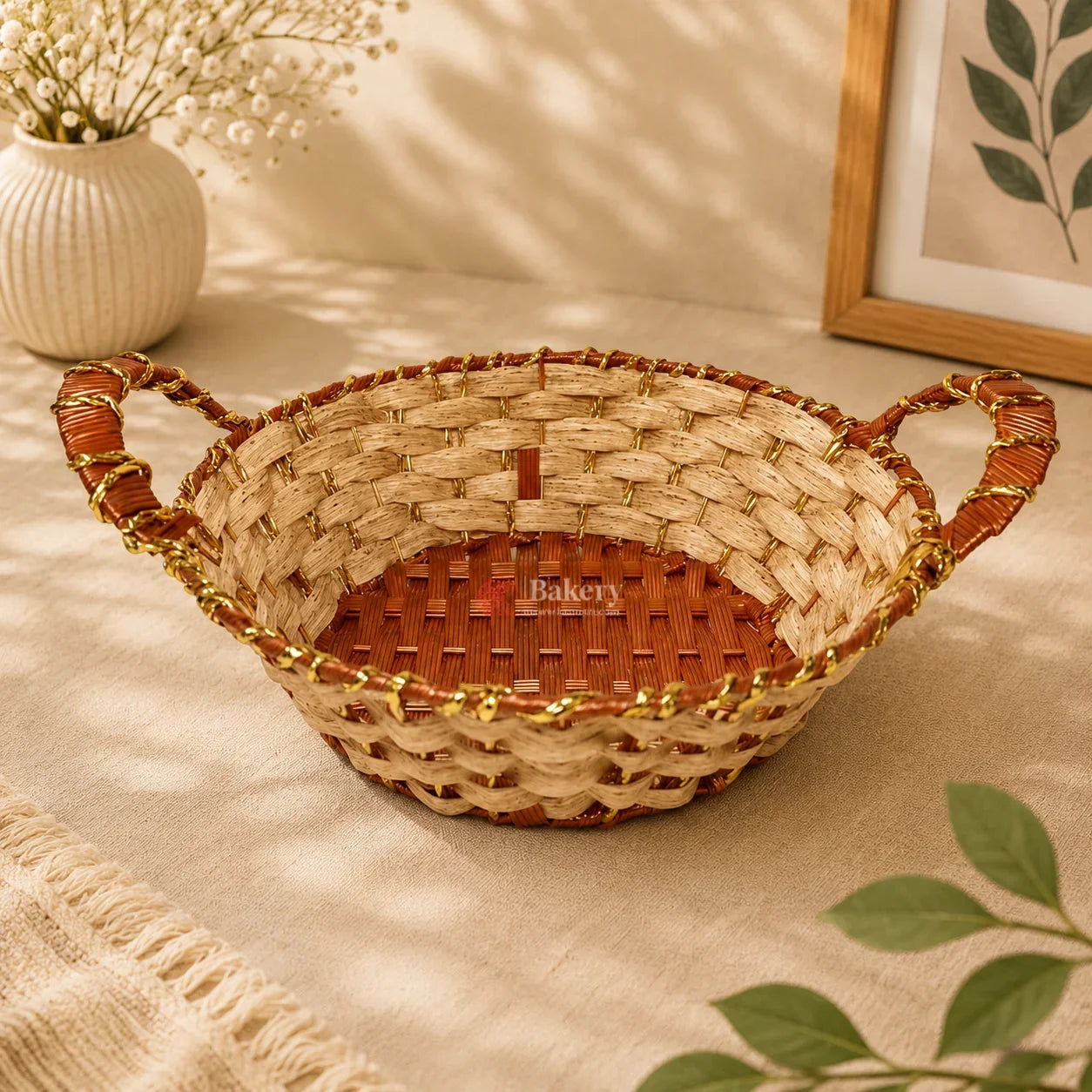 Woven bread basket with 'Bakery' label on a textured surface with a plant in the background