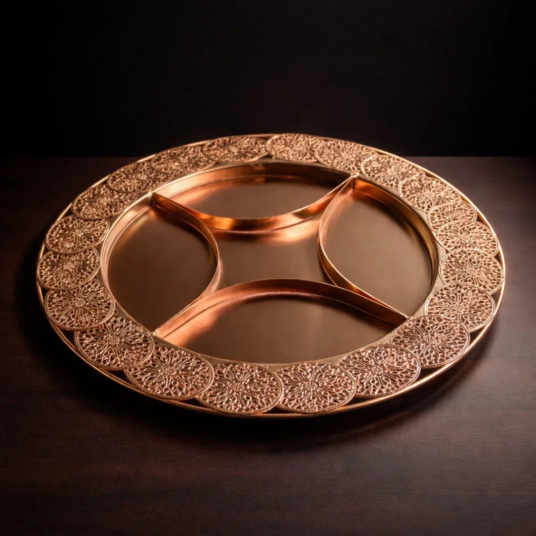 37.5 cm | Luxurious Round Rose Gold-Plated Serving Tray with 5 Compartments | Pack of 1
