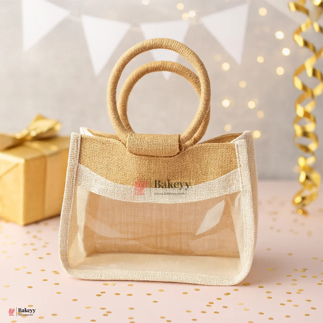 20x20x15 CM | Beige & Cream 4 Jar Jute Gift Bag with Window & Round Handles – 1 Piece