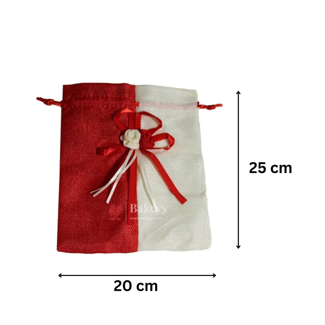 Red & Cream Dual Colour Jute Potli Bag with Floral Accent | Traditional Potli Bag | Pack of 10