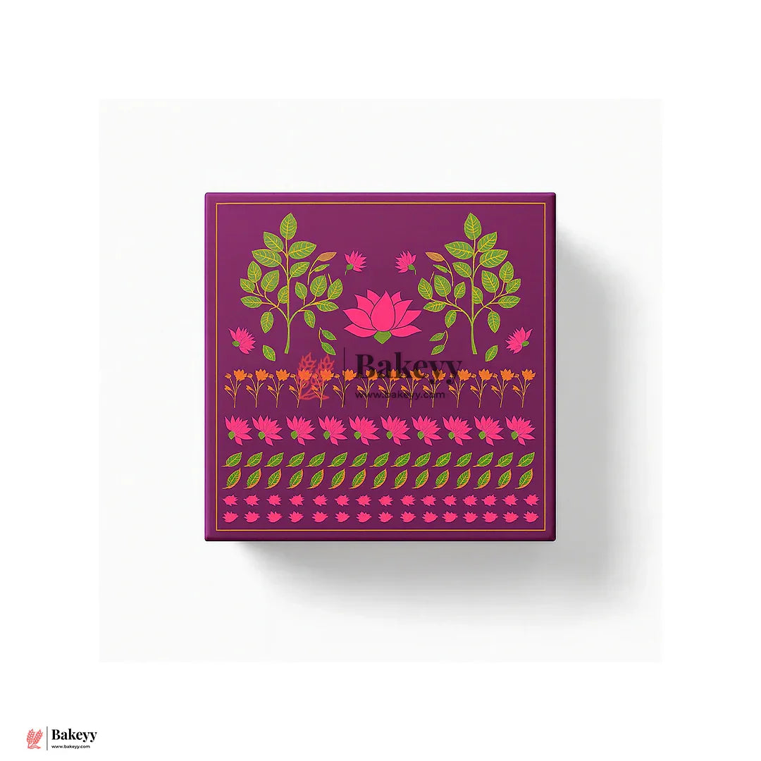 Floral Printed Premium Square Gift Box – Purple | Reusable Rigid Hamper Packaging | Pack Of 1