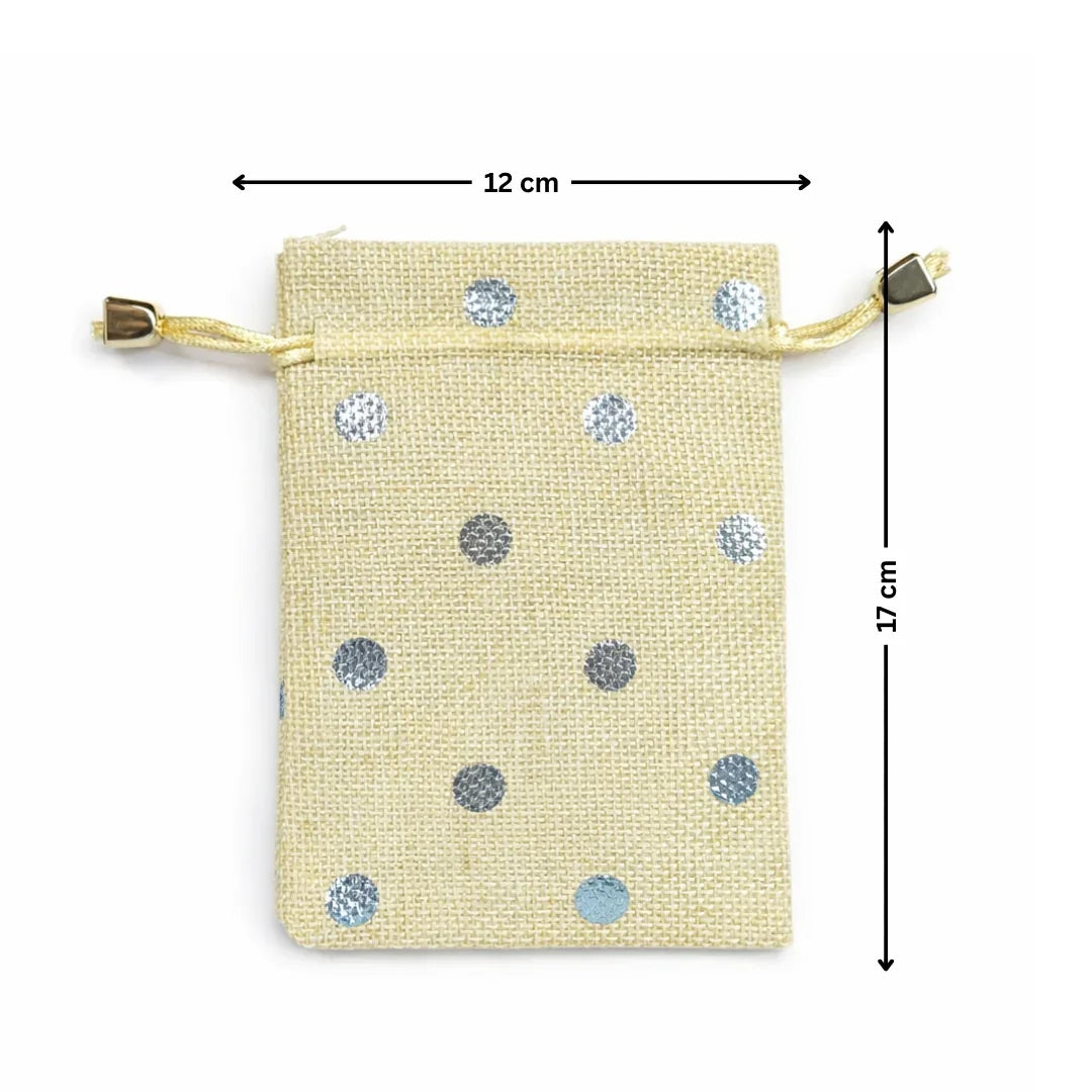 Polka Dot Jute Potli Bags with Golden Drawstring | Reusable Gift Pouches (Multiple Sizes) | Pack of 10 - Bakeyy.com - India - Polka Dot Jute Potli Bags with Golden Drawstring | Reusable Gift Pouches (Multiple Sizes) | Pack of 10 - Gold Polka Dot / 12x17 190.00