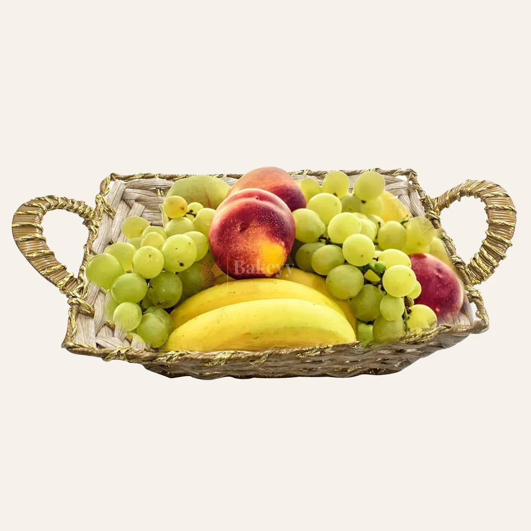Rustic Handwoven Rectangle Basket with Handles & Golden Border – Decorative Storage & Serving Tray - Bakeyy.com - India - Rustic Handwoven Rectangle Basket with Handles & Golden Border – Decorative Storage & Serving Tray - Default Title