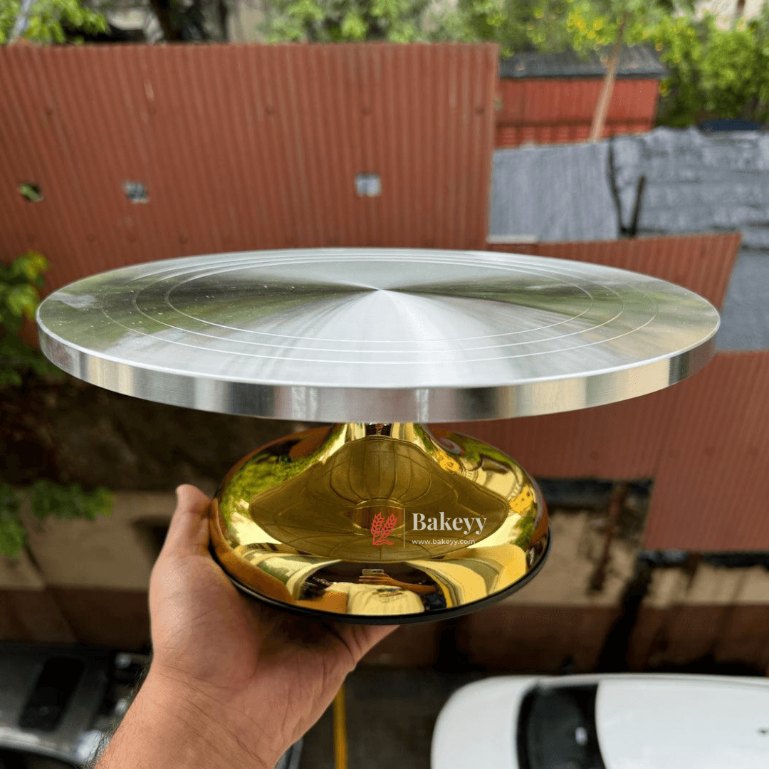30*14 cm Cake Decoration Turntable |Heavy Rotating Cake Stand | Golden base | Elegant Round | Metal Cake Rotating Stand |1 Piece - Bakeyy.com - India - 30*14 cm Cake Decoration Turntable |Heavy Rotating Cake Stand | Golden base | Elegant Round | Metal Cake Rotating Stand |1 Piece - Default Title