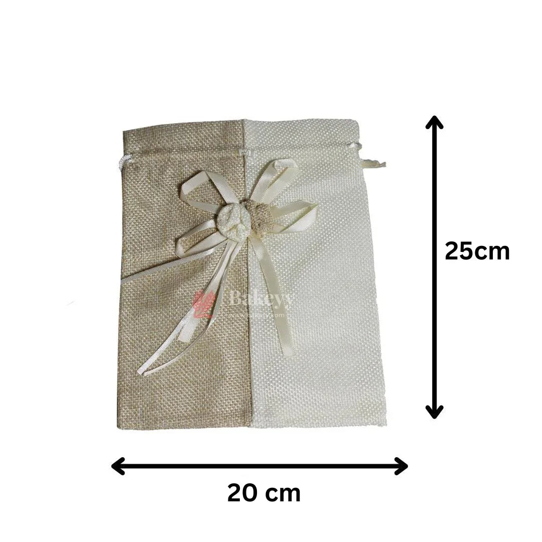 Beige & Cream Jute Potli Bag with Floral Accent | Traditional Potli Bag | Wedding Favor Bag | Jewelry Pouch | Floral Accent Gift Bag | Pack of 10