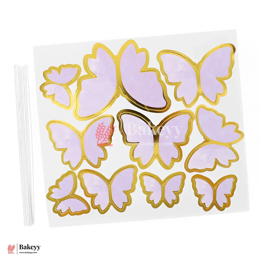Soft lavender & Shiny Gold Foil Border | Butterfly Toppers | Elegant Decoration for Cakes, Cupcakes & Desserts | Set of 10