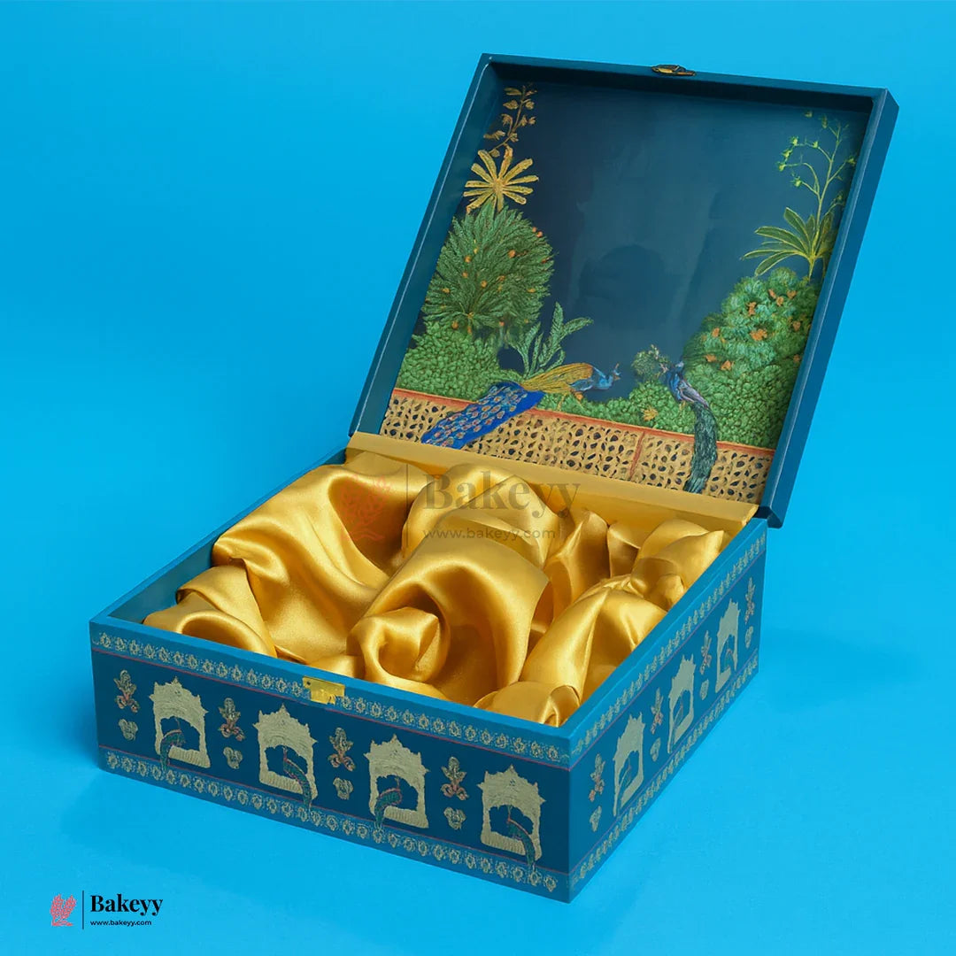 Luxury Peacock-Themed Decorative Square Gift Box with Golden Satin Lining | Pack of 1 - Bakeyy.com - India - Luxury Peacock-Themed Decorative Square Gift Box with Golden Satin Lining | Pack of 1 - Default Title