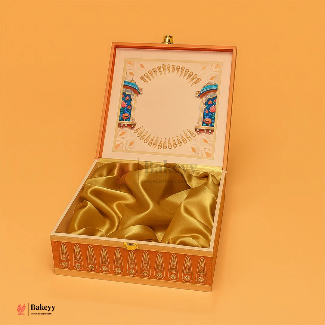 Royal Lotus Design Orange Square Gift Box with Golden Satin Lining | Pack of 1 - Bakeyy.com - India - Royal Lotus Design Orange Square Gift Box with Golden Satin Lining | Pack of 1 - Default Title