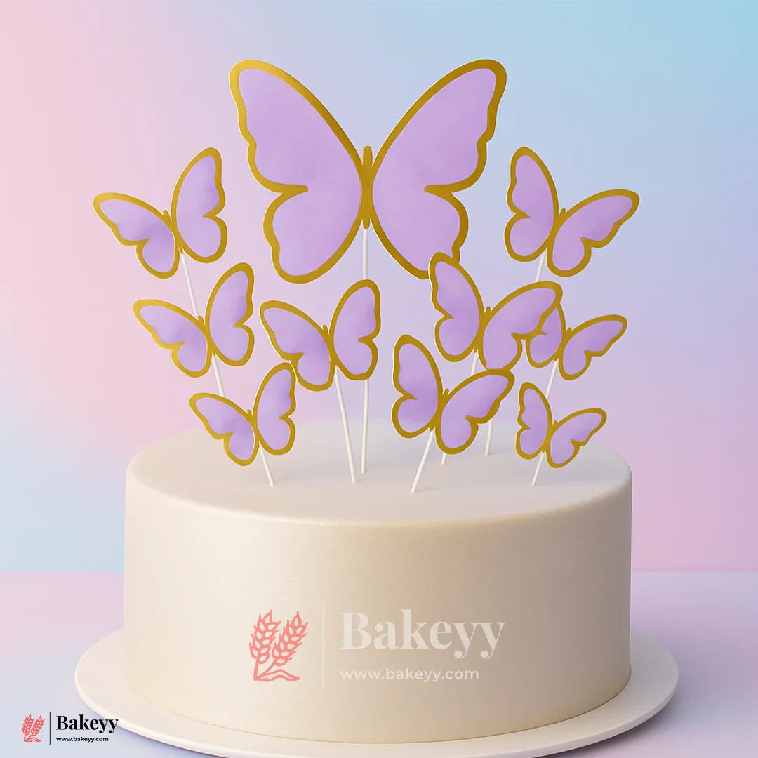 Soft lavender & Shiny Gold Foil Border | Butterfly Toppers | Elegant Decoration for Cakes, Cupcakes & Desserts | Set of 10